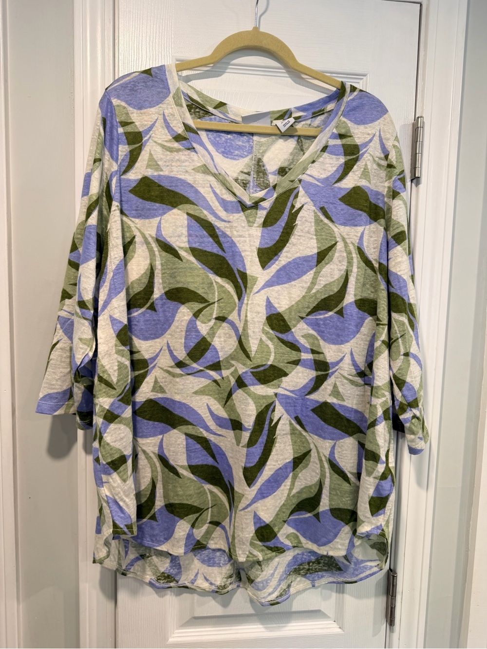 NWOT Nicole Miller Size 2X 100% Linen V Neck 3/4 Sleeve Tunic Top Tropical Beach